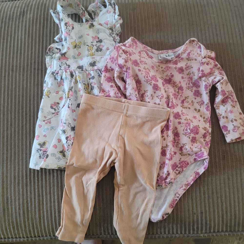 SOLDToddler Sz 18m Minnie Mouse  dress,  floral shirt, beige pants bundle outfit